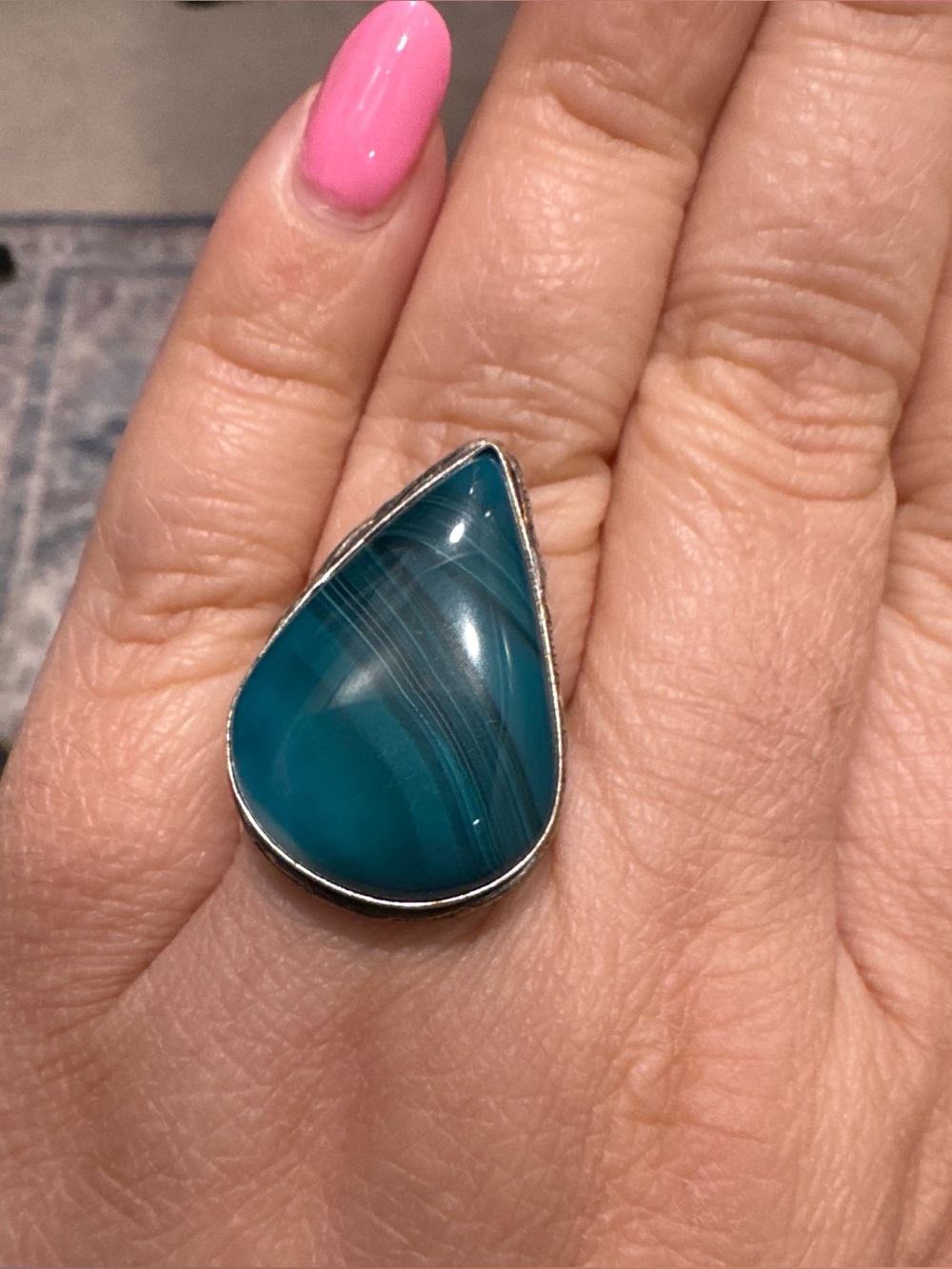Teardrop Blue-Green Agate Statement Ring